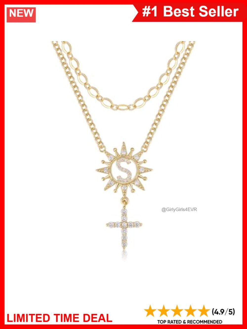 14k Gold Plated Sunflower Cross Layered Necklace Cubic Zirconia